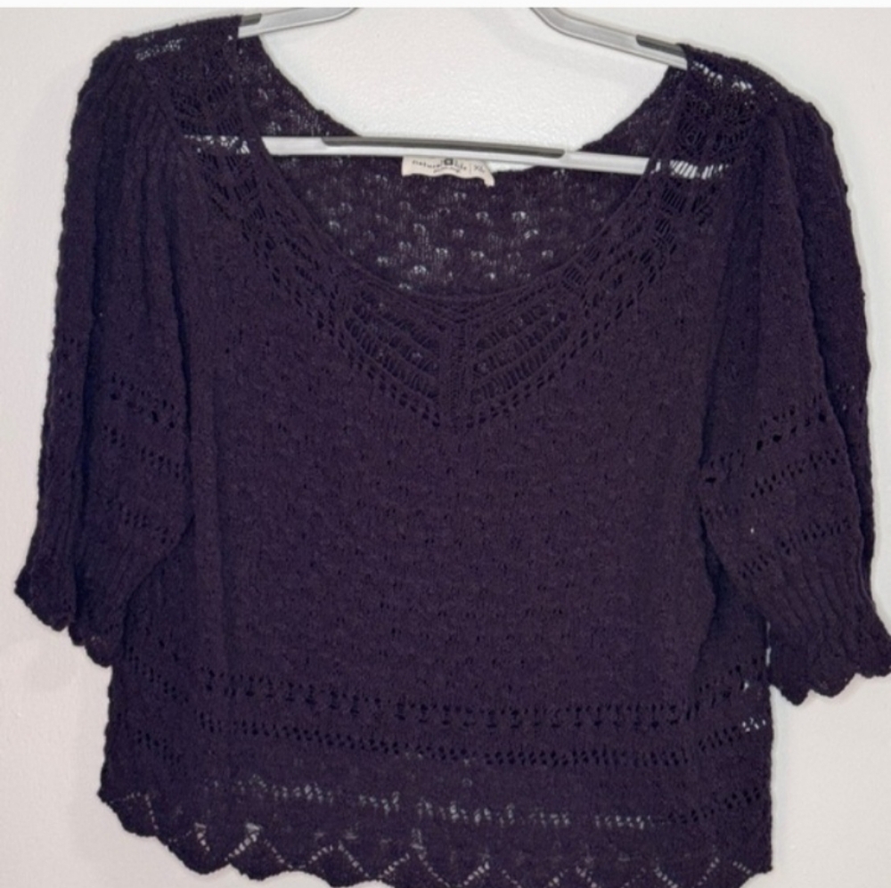 NATURAL LIFE Charcoal Crochet Knit Scoop Neck Sweater. Size L - Picture 2 of 6